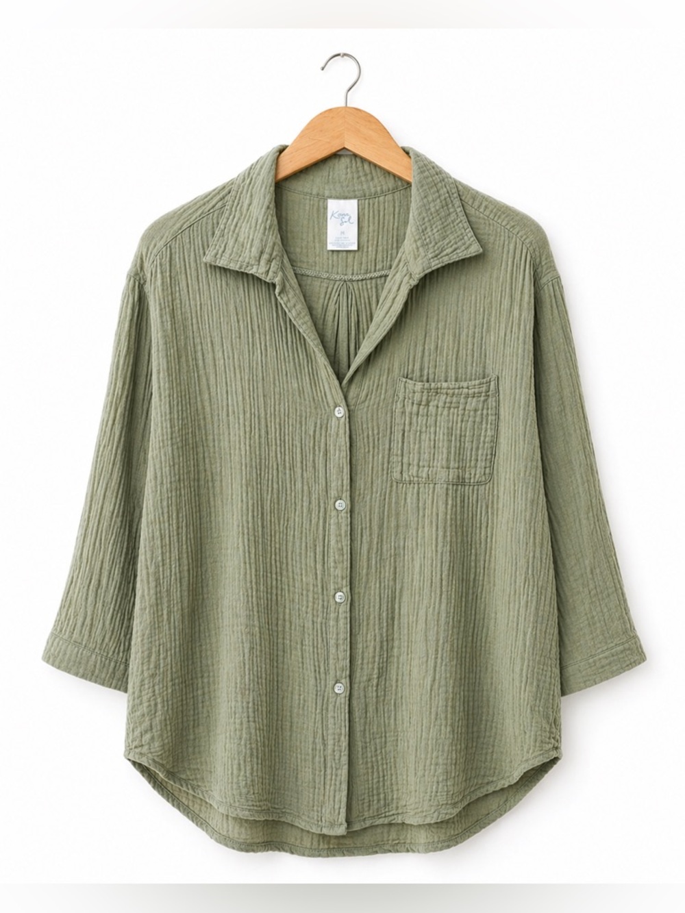 Kona Sol Olive Green Textured Button Down Cover Up Shirt Medium Lightweight - Picture 2 of 5